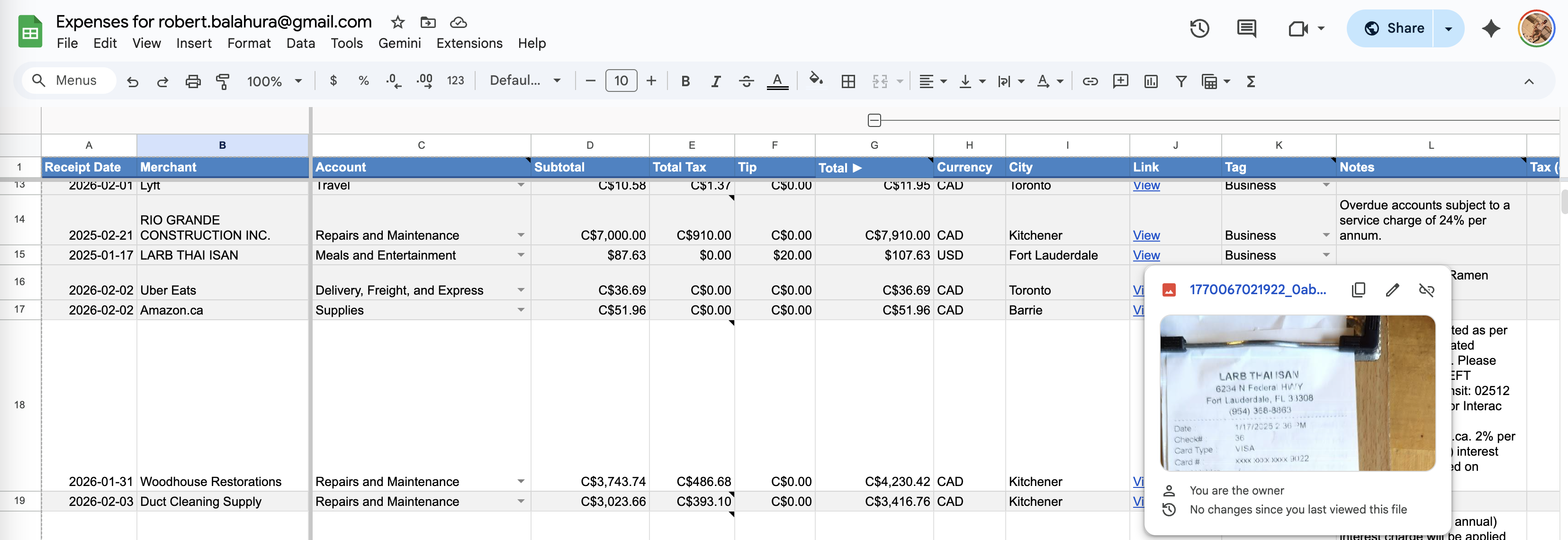 Google Sheets expense tracker spreadsheet preview